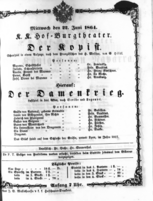 Theaterzettel (Oper und Burgtheater in Wien) 18640622 Seite: 1