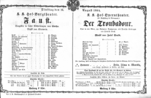 Theaterzettel (Oper und Burgtheater in Wien) 18640816 Seite: 1