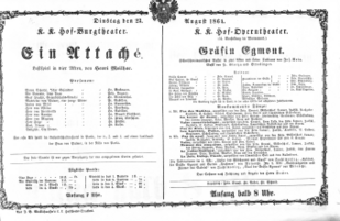 Theaterzettel (Oper und Burgtheater in Wien) 18640823 Seite: 1