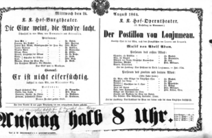 Theaterzettel (Oper und Burgtheater in Wien) 18640824 Seite: 1
