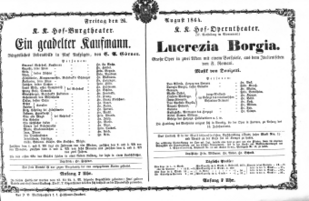 Theaterzettel (Oper und Burgtheater in Wien) 18640826 Seite: 1