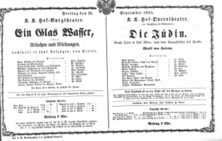 Theaterzettel (Oper und Burgtheater in Wien) 18640923 Seite: 1