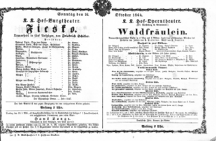 Theaterzettel (Oper und Burgtheater in Wien) 18641016 Seite: 1