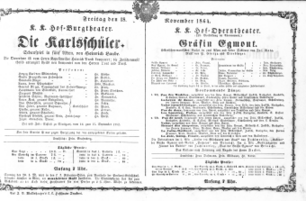 Theaterzettel (Oper und Burgtheater in Wien) 18641118 Seite: 1