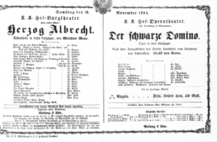 Theaterzettel (Oper und Burgtheater in Wien) 18641119 Seite: 1
