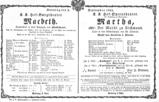 Theaterzettel (Oper und Burgtheater in Wien) 18650903 Seite: 1