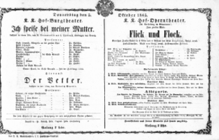 Theaterzettel (Oper und Burgtheater in Wien) 18651005 Seite: 1