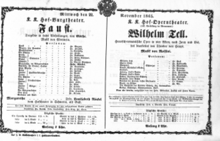 Theaterzettel (Oper und Burgtheater in Wien) 18651122 Seite: 1