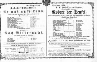 Theaterzettel (Oper und Burgtheater in Wien) 18660212 Seite: 1