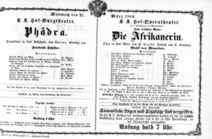Theaterzettel (Oper und Burgtheater in Wien) 18660321 Seite: 1