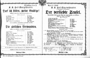 Theaterzettel (Oper und Burgtheater in Wien) 18660403 Seite: 1