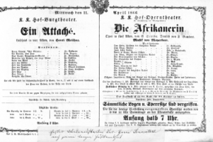 Theaterzettel (Oper und Burgtheater in Wien) 18660411 Seite: 1
