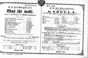 Theaterzettel (Oper und Burgtheater in Wien) 18660504 Seite: 1
