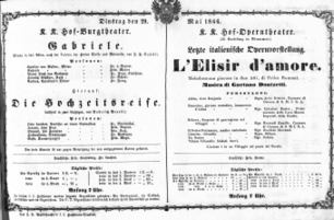 Theaterzettel (Oper und Burgtheater in Wien) 18660529 Seite: 1