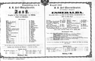 Theaterzettel (Oper und Burgtheater in Wien) 18660816 Seite: 1