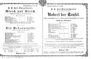 Theaterzettel (Oper und Burgtheater in Wien) 18660915 Seite: 1