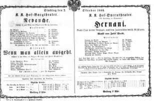 Theaterzettel (Oper und Burgtheater in Wien) 18661002 Seite: 1