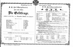 Theaterzettel (Oper und Burgtheater in Wien) 18661117 Seite: 1