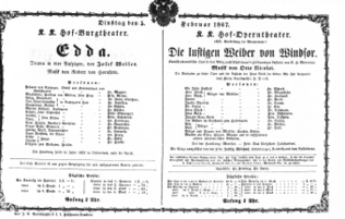 Theaterzettel (Oper und Burgtheater in Wien) 18670205 Seite: 1