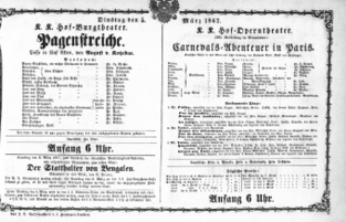 Theaterzettel (Oper und Burgtheater in Wien) 18670305 Seite: 1