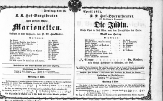 Theaterzettel (Oper und Burgtheater in Wien) 18670426 Seite: 1
