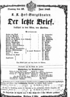 Theaterzettel (Oper und Burgtheater in Wien) 18670617 Seite: 1