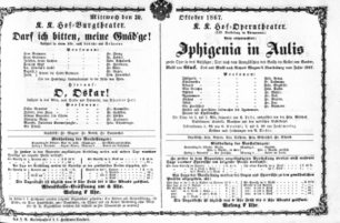 Theaterzettel (Oper und Burgtheater in Wien) 18671030 Seite: 1