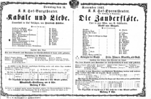 Theaterzettel (Oper und Burgtheater in Wien) 18671110 Seite: 1