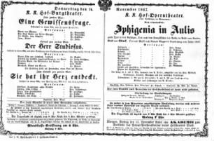 Theaterzettel (Oper und Burgtheater in Wien) 18671114 Seite: 1