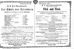 Theaterzettel (Oper und Burgtheater in Wien) 18671130 Seite: 1