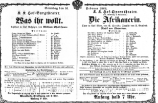 Theaterzettel (Oper und Burgtheater in Wien) 18680216 Seite: 1