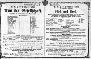 Theaterzettel (Oper und Burgtheater in Wien) 18680402 Seite: 1