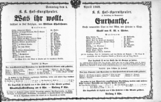 Theaterzettel (Oper und Burgtheater in Wien) 18690404 Seite: 1