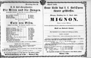 Theaterzettel (Oper und Burgtheater in Wien) 18690416 Seite: 1