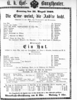 Theaterzettel (Oper und Burgtheater in Wien) 18690815 Seite: 1