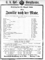 Theaterzettel (Oper und Burgtheater in Wien) 18690821 Seite: 1