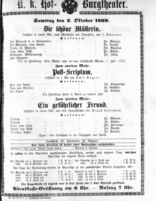 Theaterzettel (Oper und Burgtheater in Wien) 18691002 Seite: 1