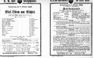 Theaterzettel (Oper und Burgtheater in Wien) 18691007 Seite: 1