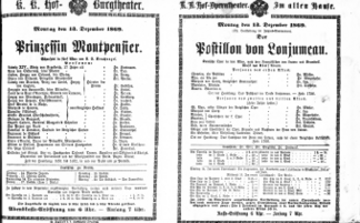 Theaterzettel (Oper und Burgtheater in Wien) 18691213 Seite: 1