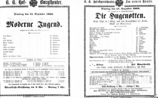Theaterzettel (Oper und Burgtheater in Wien) 18691214 Seite: 1
