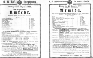 Theaterzettel (Oper und Burgtheater in Wien) 18691221 Seite: 1