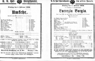 Theaterzettel (Oper und Burgtheater in Wien) 18700201 Seite: 1