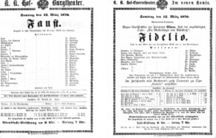Theaterzettel (Oper und Burgtheater in Wien) 18700312 Seite: 1