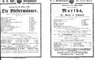 Theaterzettel (Oper und Burgtheater in Wien) 18700318 Seite: 1