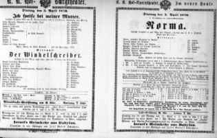 Theaterzettel (Oper und Burgtheater in Wien) 18700405 Seite: 1