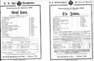Theaterzettel (Oper und Burgtheater in Wien) 18701117 Seite: 1
