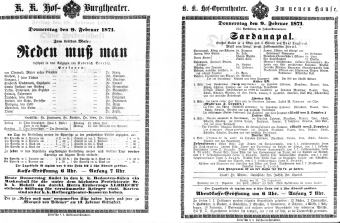 Theaterzettel (Oper und Burgtheater in Wien) 18710209 Seite: 1