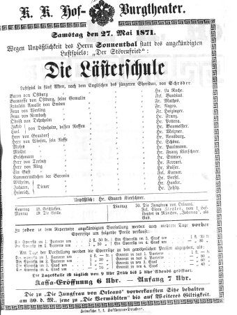 Theaterzettel (Oper und Burgtheater in Wien) 18710527 Seite: 1
