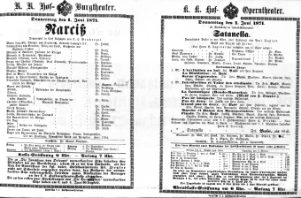Theaterzettel (Oper und Burgtheater in Wien) 18710601 Seite: 1
