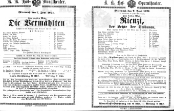 Theaterzettel (Oper und Burgtheater in Wien) 18710607 Seite: 1